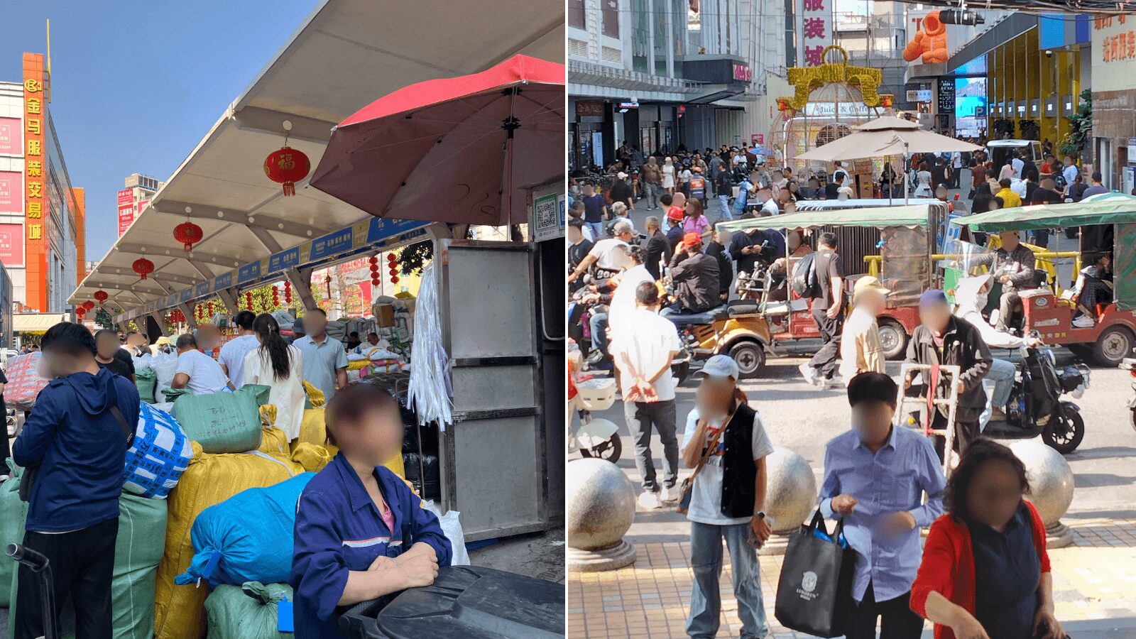 広州沙河市場の問屋街と買付商品を運ぶバイヤーたち