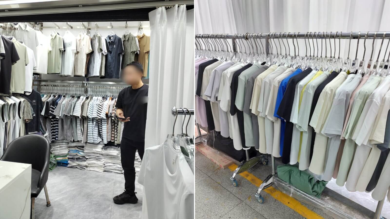 広州・沙東有利国際服装城のメンズ店舗。入口にカーテンをかけてデザインを隠す店が多い