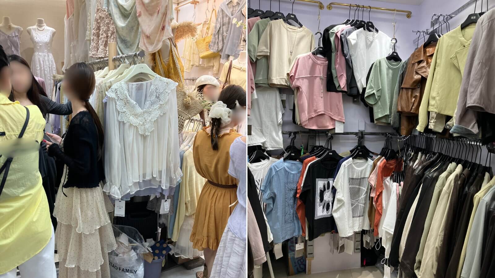 広州・沙河エリアの店舗内部。2段のハンガーラックに商品がぎっしり並び、通路ではバイヤーが商品を手に取って選んでいる