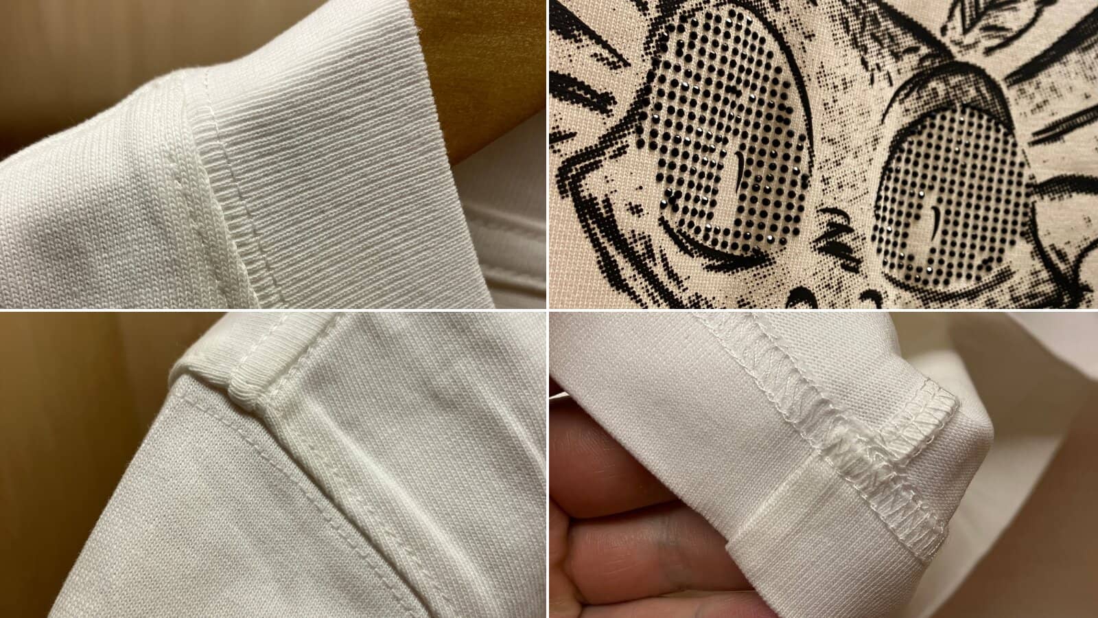 広州で100元で購入したTシャツの品質チェック。襟のリブ処理、ラインストーンの埋め込み、肩のステッチ、袖口のロック処理